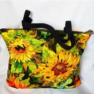 Jacquie Scott Large Zipper Quilted  Sunflower Cotton Tote Shoulder Hand Bag